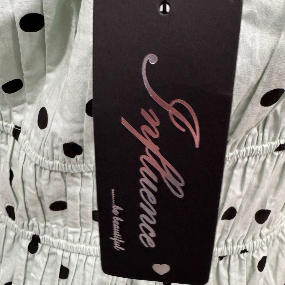 Influence Cotton Poplin Polka Dot Mini Tea Party Dress Shirring Mint Green Sz 8 - Picture 10 of 14